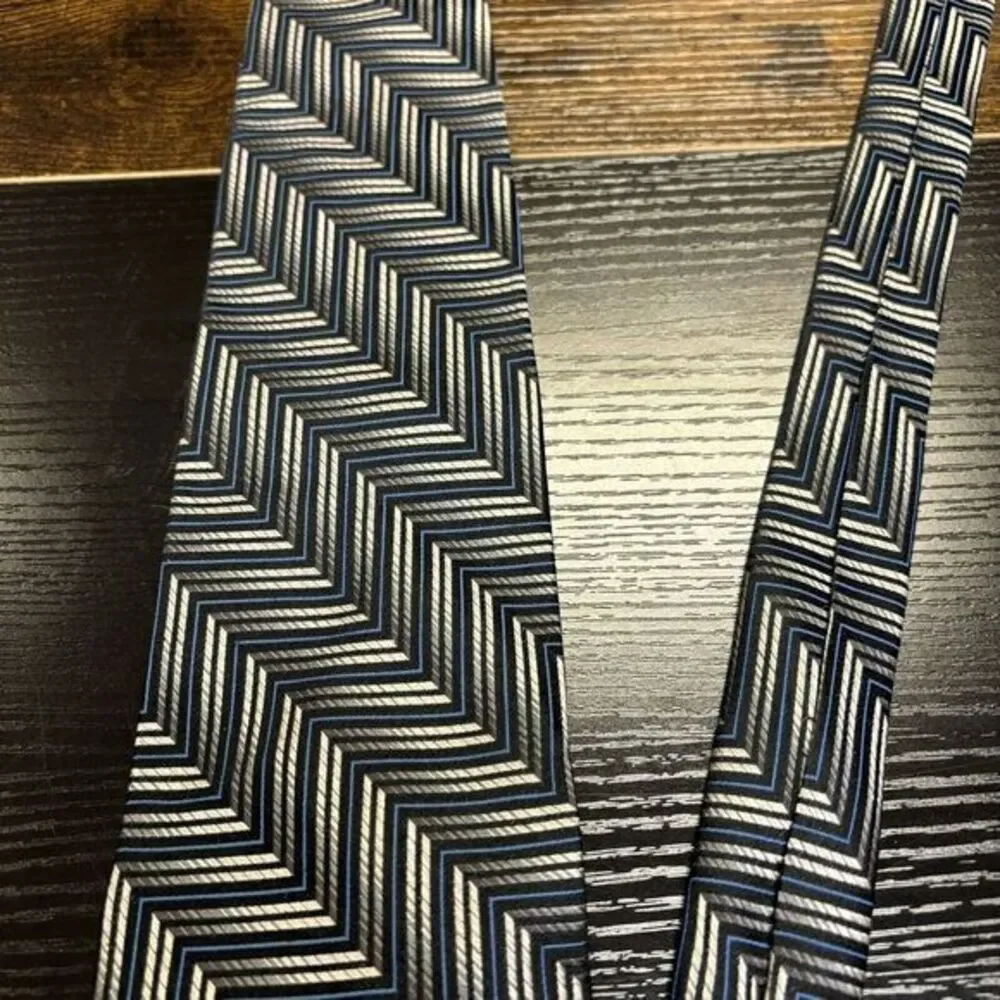 Fabio Fazio Tie Mens 100% Silk Necktie Shiny Blue Silver Black Stripes Ties‎